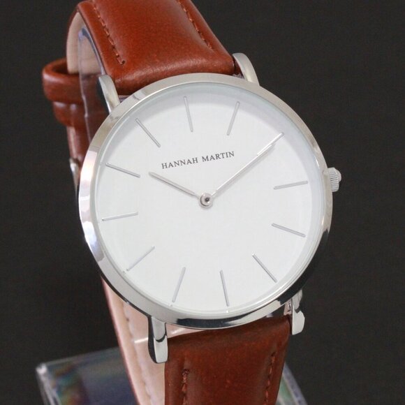 Men's Classic Minimalist 2 Hand Quartz Watch Raised Indices Brown Strap 36mm - Picture 5 of 12